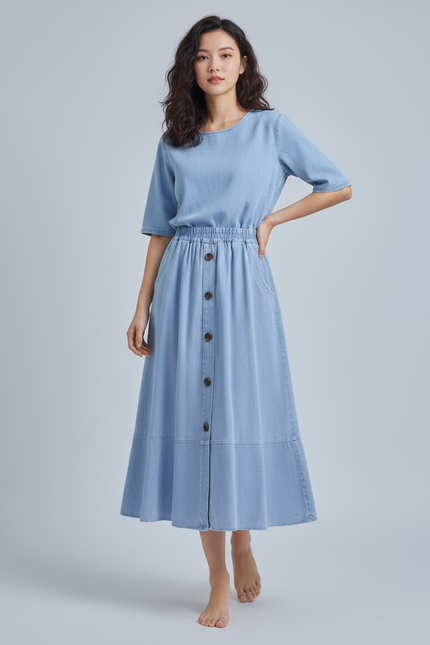 Jupe Jean Bleu Clair Boutonnée Fluide