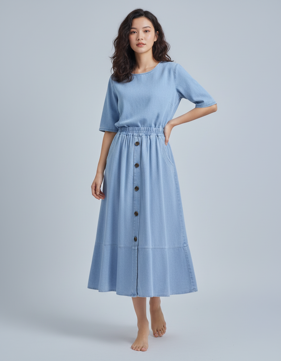 Jupe Jean Bleu Clair Boutonnée Fluide