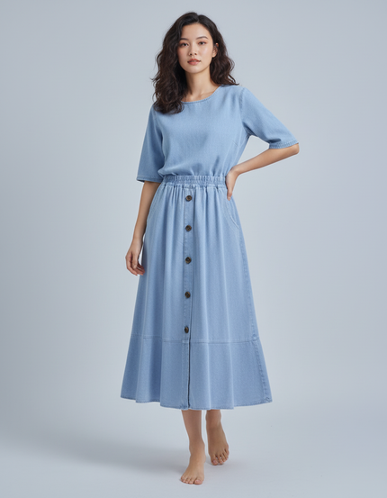 Jupe Jean Bleu Clair Boutonnée Fluide