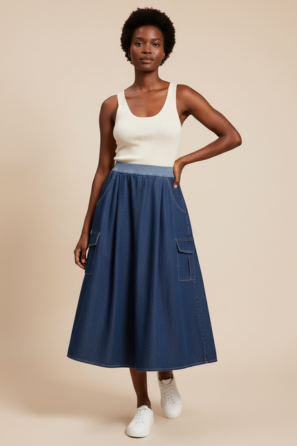 Jupe Jean Coupe Évasée Poches Cargo Fluide