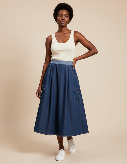 Jupe Jean Coupe Évasée Poches Cargo Fluide