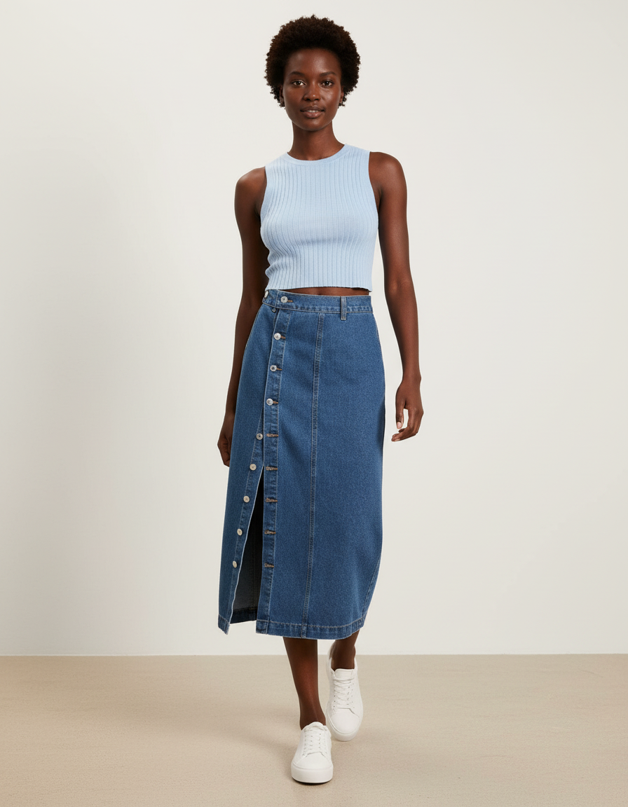 Jupe Jean Boutonnée Taille Haute Élégante