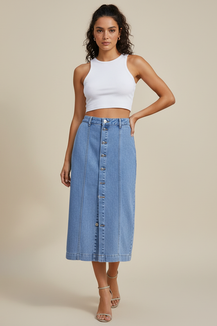 Jupe Jean Boutonnée Taille Haute Élégante Classique