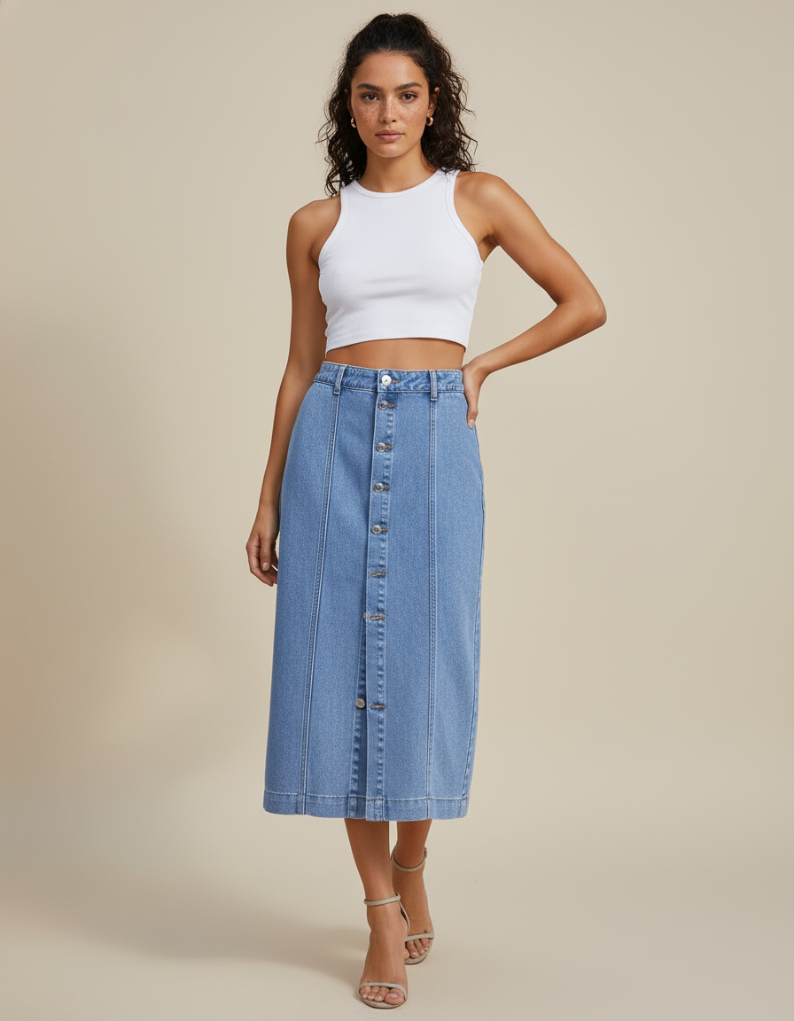 Jupe Jean Boutonnée Taille Haute Élégante Classique