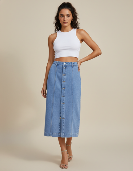 Jupe Jean Boutonnée Taille Haute Élégante Classique