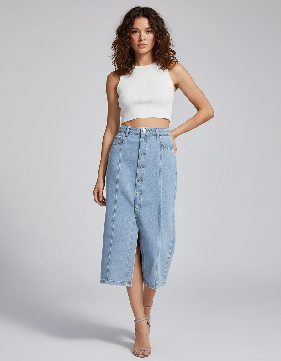 Jupe Jean Taille Haute Boutonnée Élégante