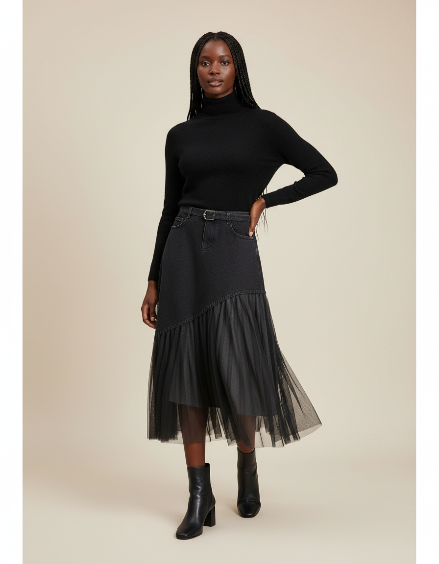 Jupe Mi Longue En Jean Noir