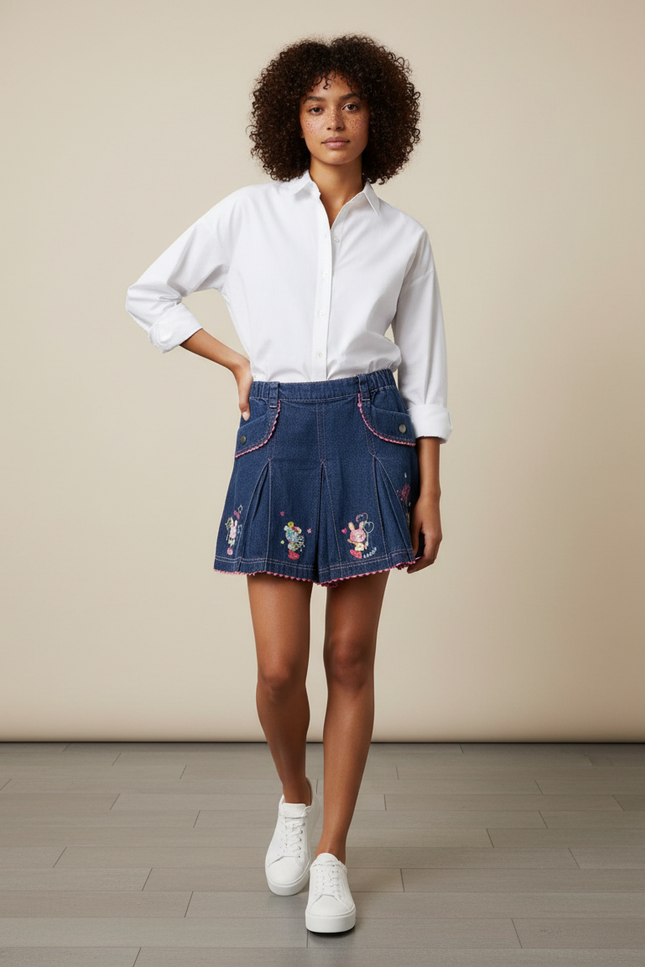 Jupe Jean Plissée Brodée Décontractée