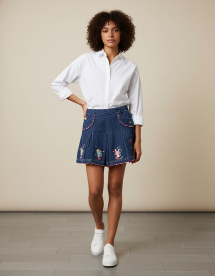 Jupe Jean Plissée Brodée Décontractée