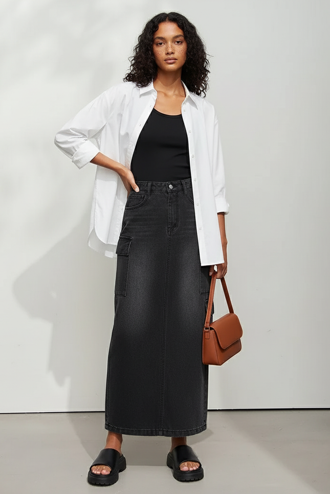 Jupe Jean Coupe Droite Gris Délavé Décontractée