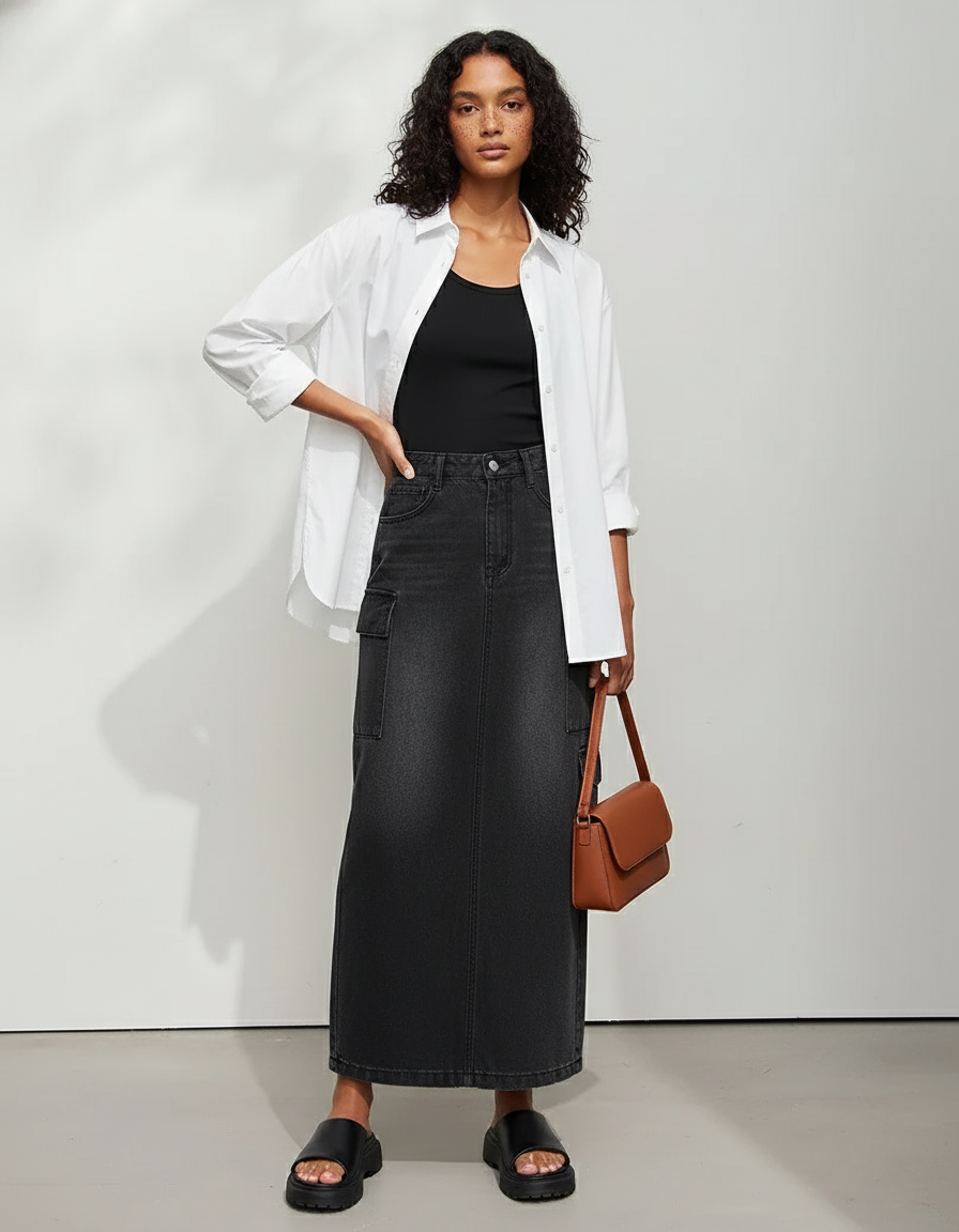 Jupe Jean Coupe Droite Gris Délavé Décontractée