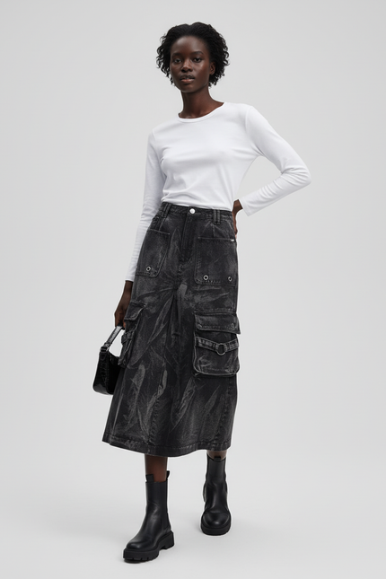 Jupe Jean Gris Délavé Cargo Décontractée