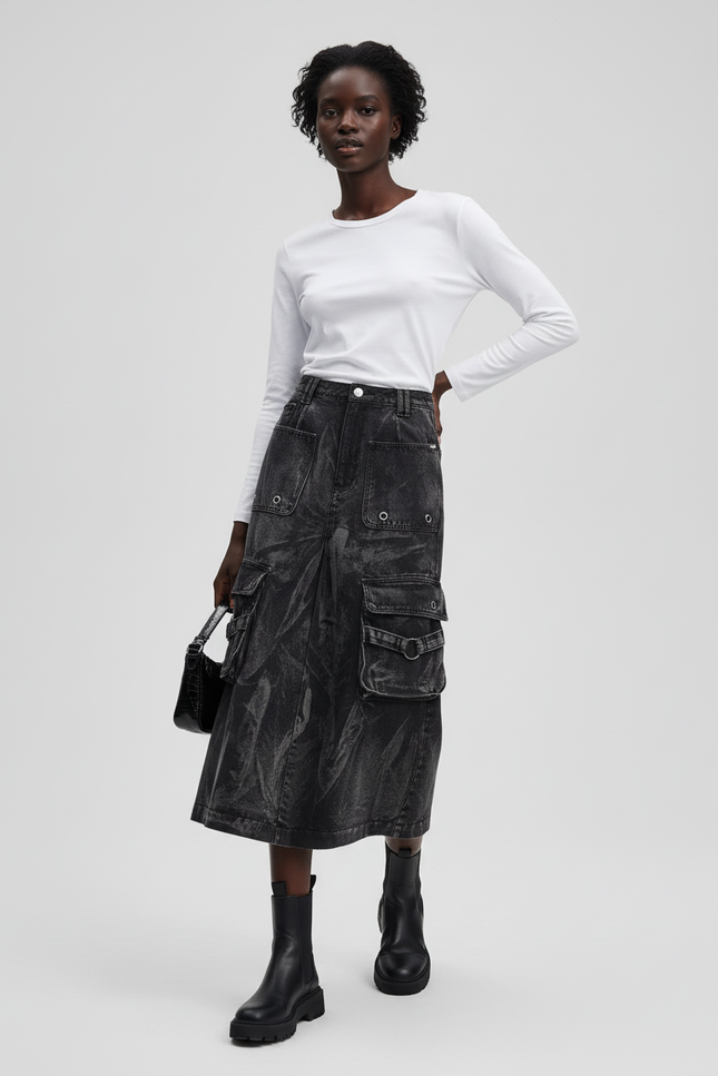 Jupe Jean Gris Délavé Cargo Décontractée