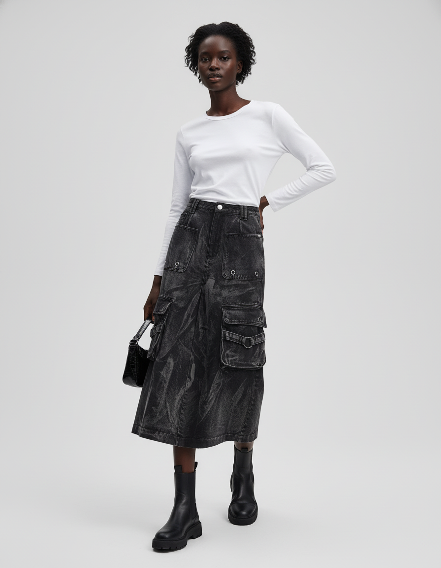 Jupe Jean Gris Délavé Cargo Décontractée