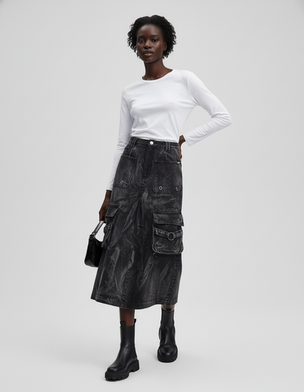 Jupe Jean Gris Délavé Cargo Décontractée