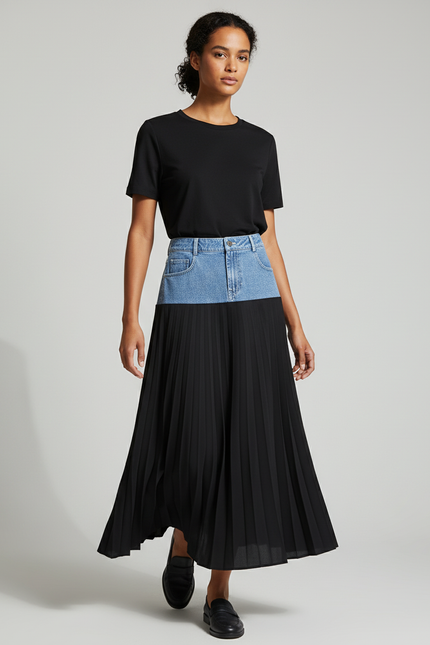 Jupe Jean Patchwork Plissée Longue