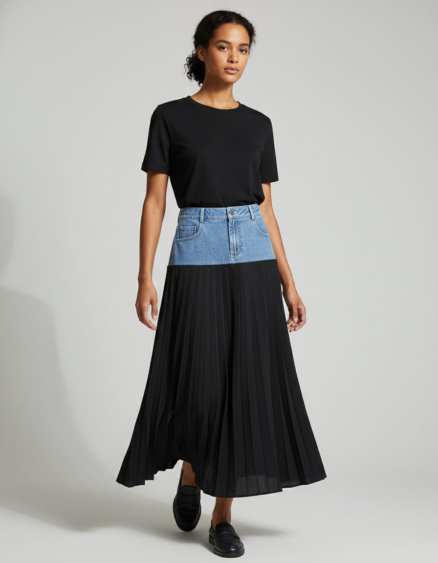 Jupe Jean Patchwork Plissée Longue