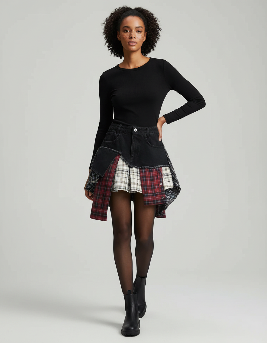 Jupe Jean Patchwork Écossais Originale