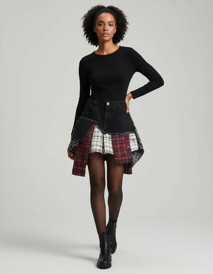 Jupe Jean Patchwork Écossais Originale