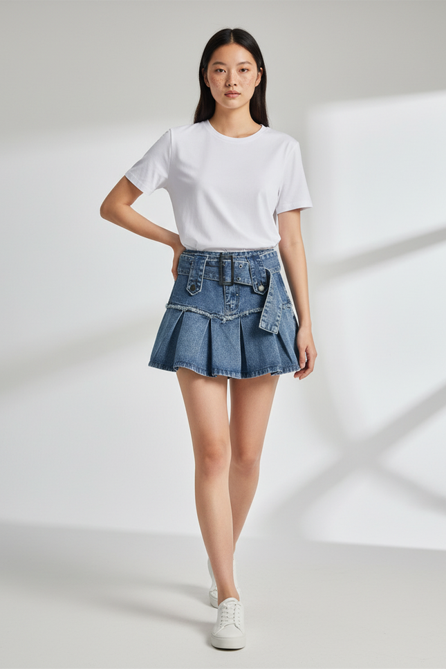 Jupe Jean Plissée Taille Haute Y2K