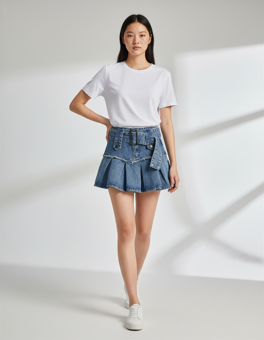 Jupe Jean Plissée Taille Haute Y2K