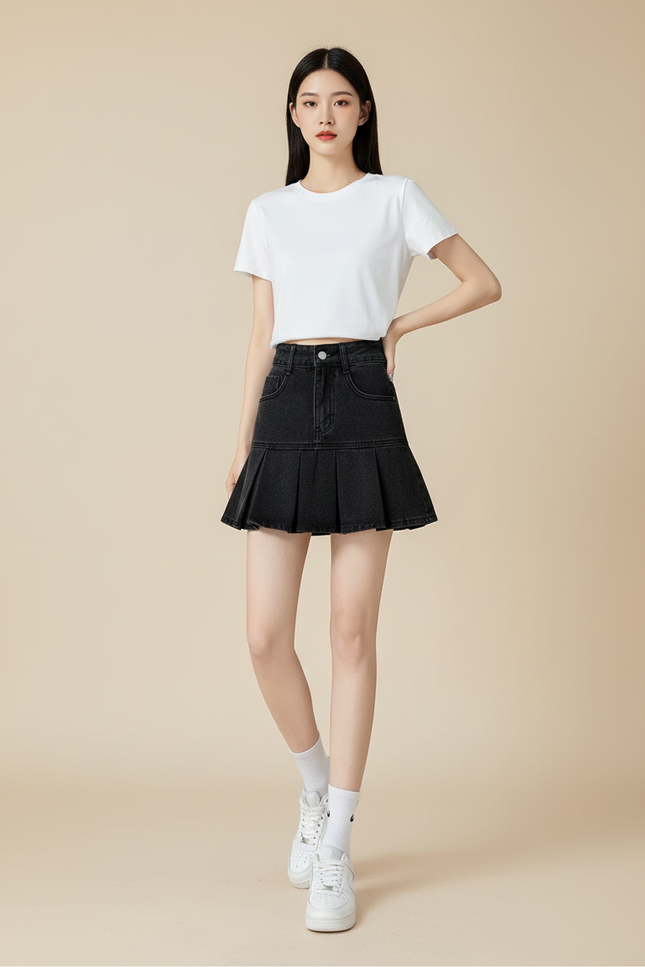 Jupe Jean Noire Plissée Décontractée Casual