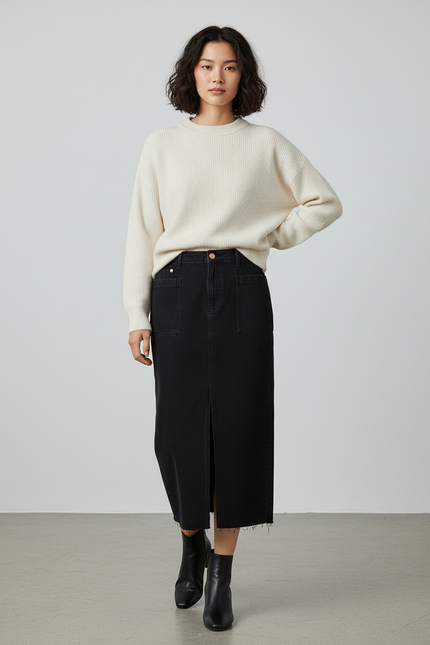 Jupe Jean Noire Fendue Chic Trendy