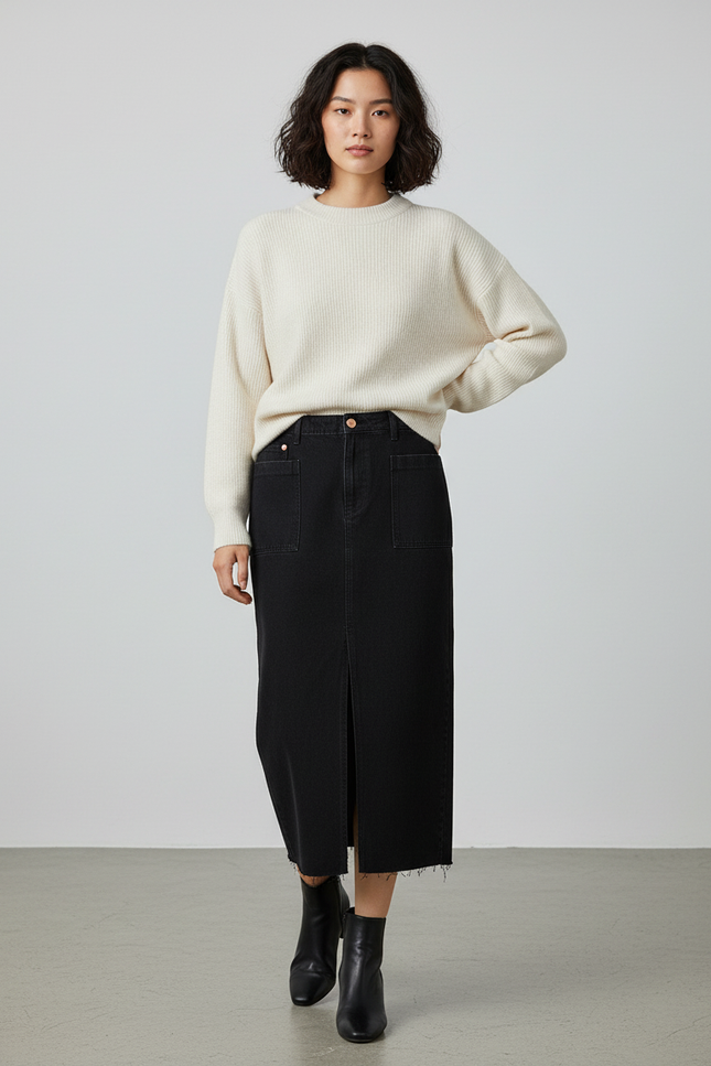 Jupe Jean Noire Fendue Chic Trendy