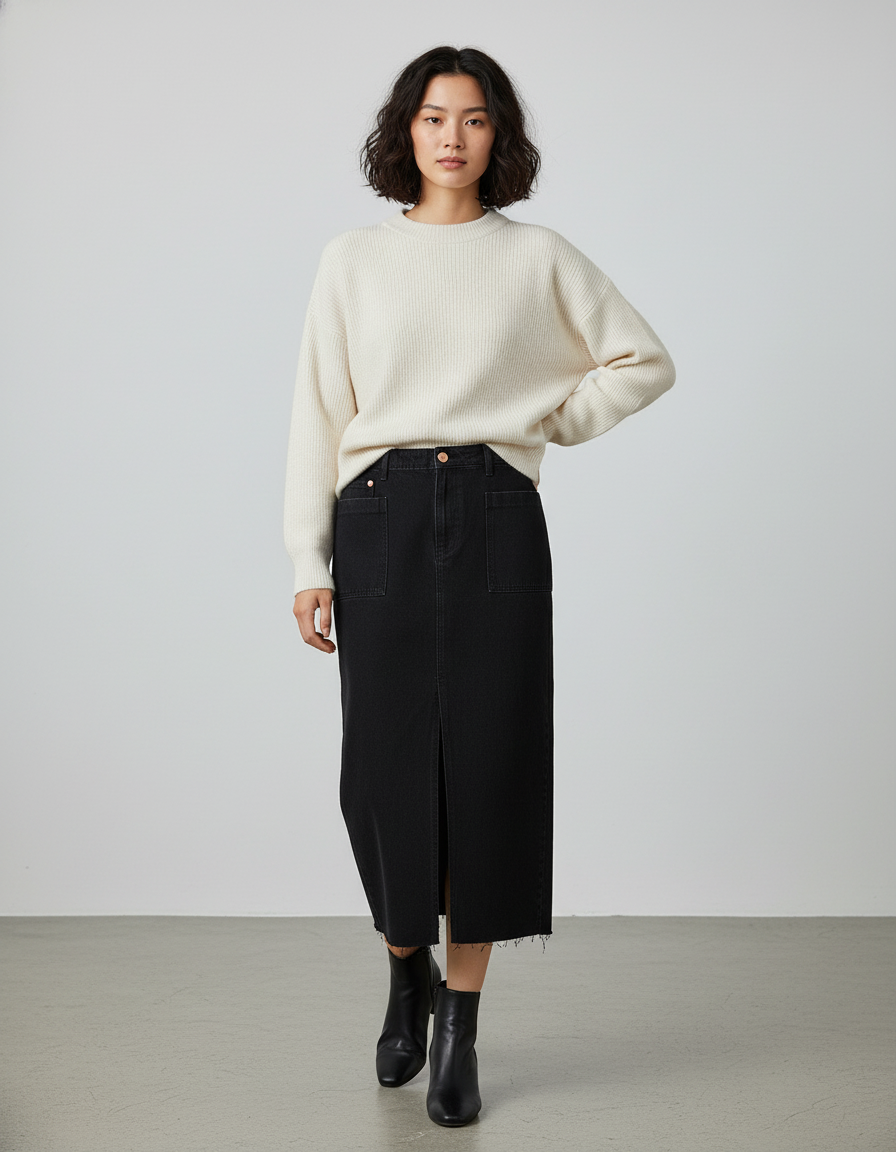 Jupe Jean Noire Fendue Chic Trendy