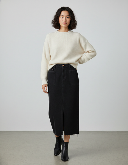 Jupe Jean Noire Fendue Chic Trendy