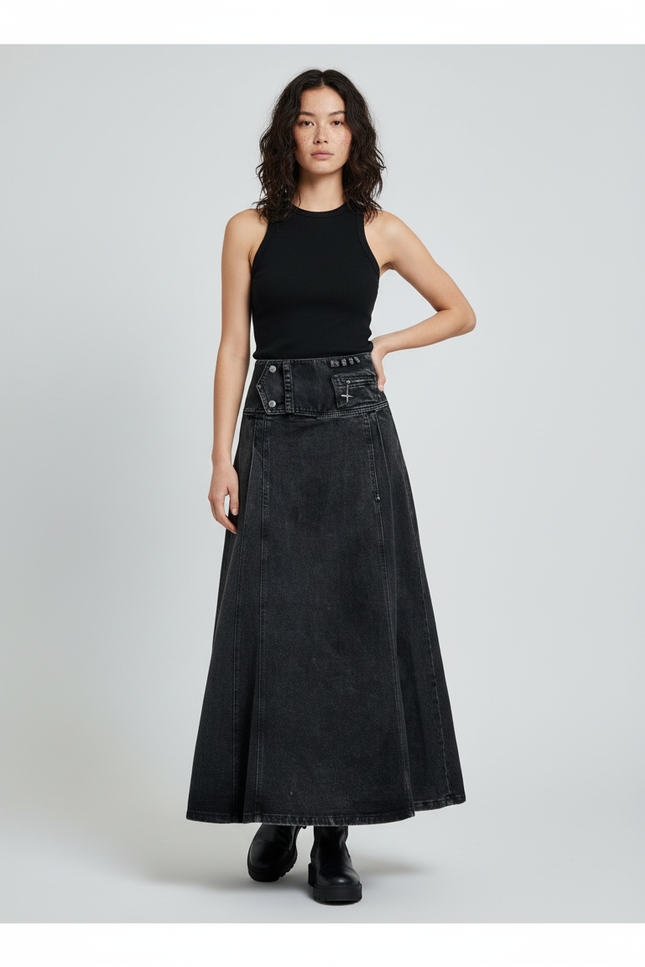 Jupe Jean Longue Noire Délavée Fluide