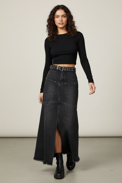 Jupe Jean Noire Délavée Longue Chic