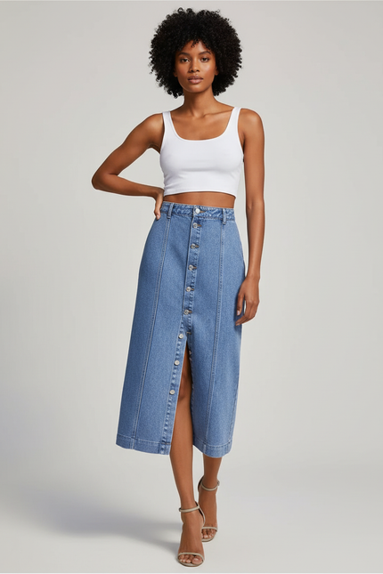 Jupe Jean Bleu Clair Boutonnée Décontractée Pratique