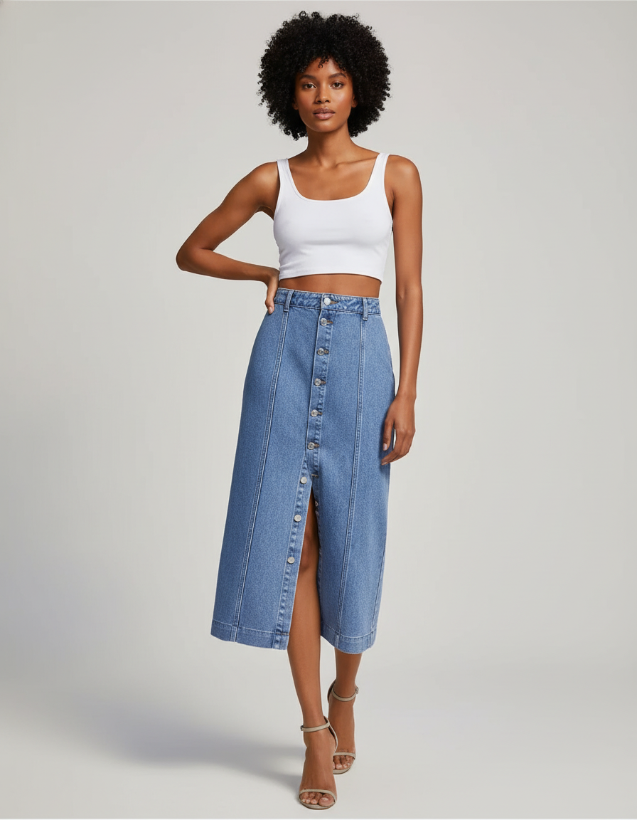 Jupe Jean Bleu Clair Boutonnée Décontractée Pratique