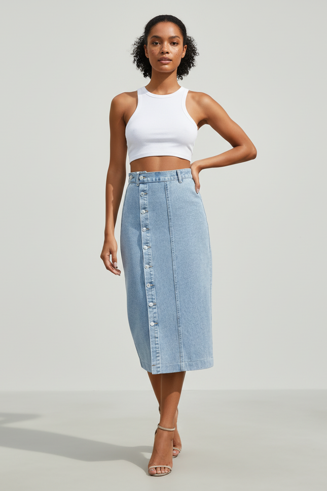 Jupe Jean Midi Boutonnée Décontractée
