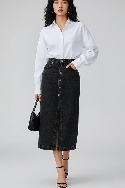 Jupe Jean Noire Boutonnée Chic Intemporelle