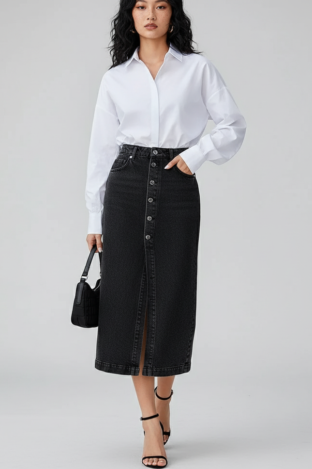 Jupe Jean Noire Boutonnée Chic Intemporelle