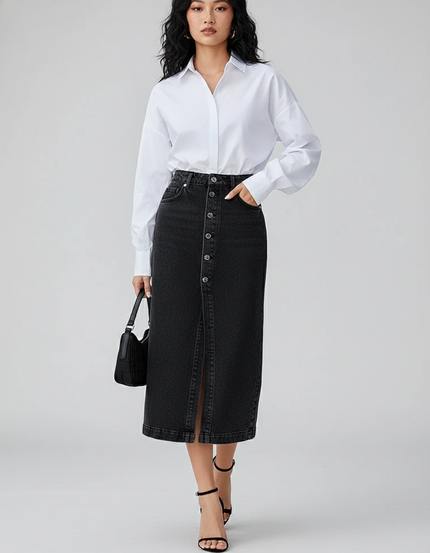 Jupe Jean Noire Boutonnée Chic Intemporelle