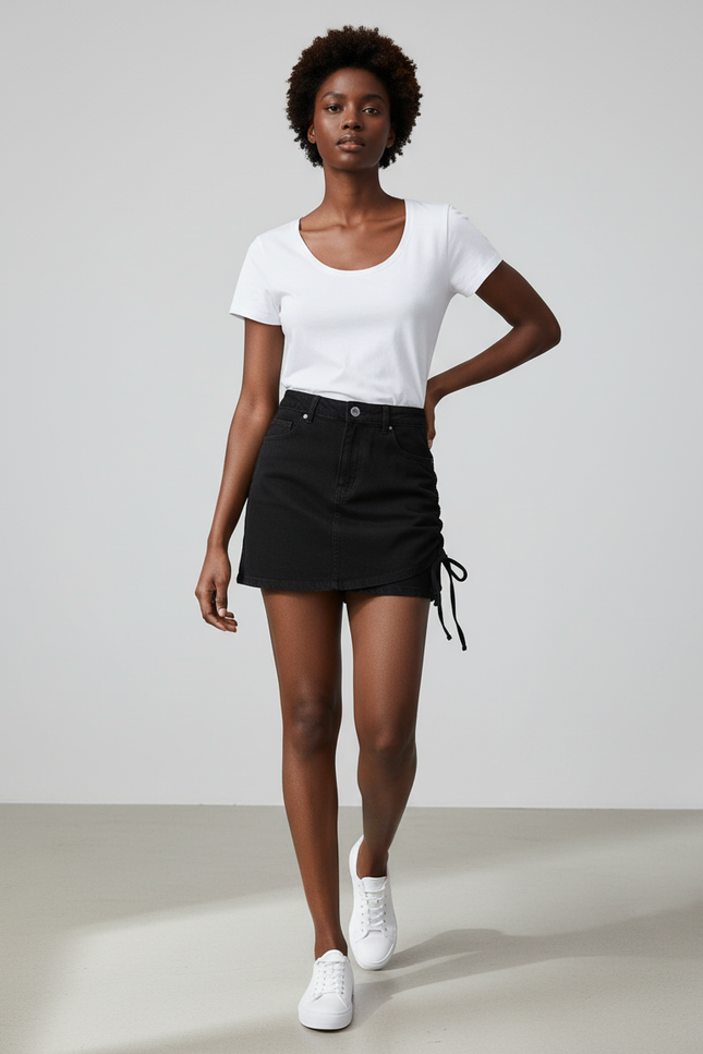 Jupe Jean Noire À Cordon Décontractée
