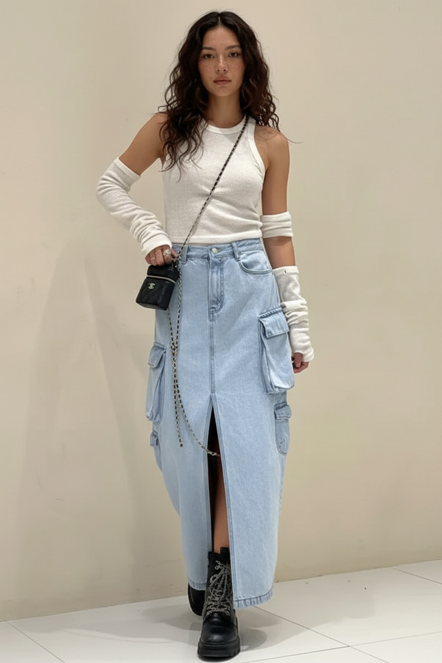 Jupe Jean Cargo Fendue Chic