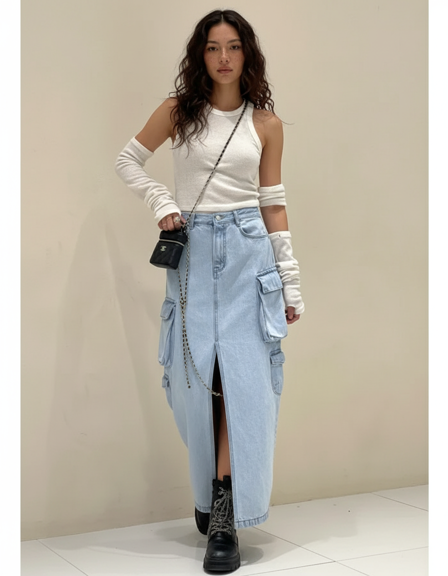 Jupe Jean Cargo Fendue Chic