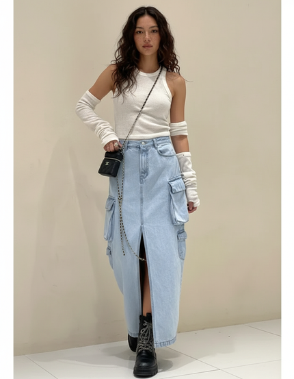 Jupe Jean Cargo Fendue Chic