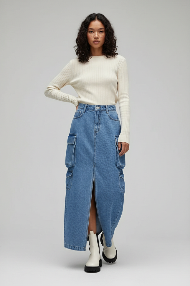 Jupe Jean Fendue Cargo Chic