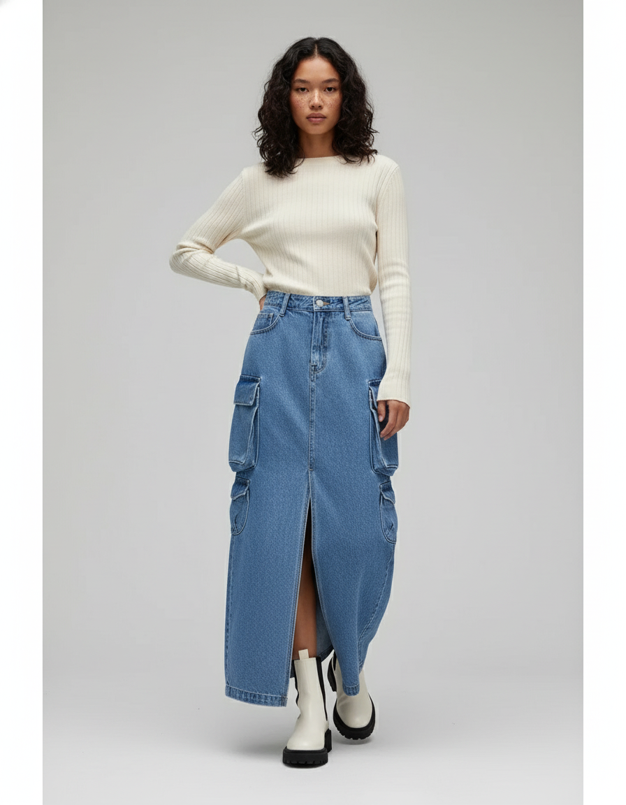 Jupe Jean Fendue Cargo Chic