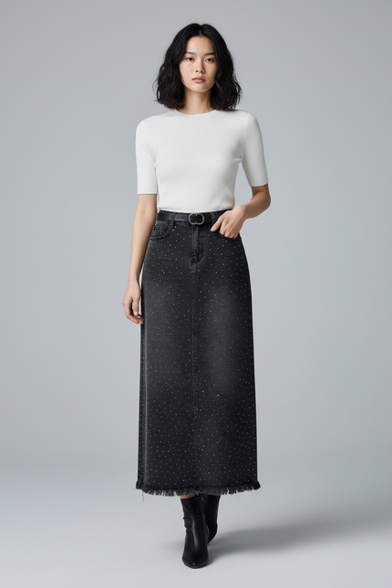 Jupe Jean Noir Délavé Strass Chic