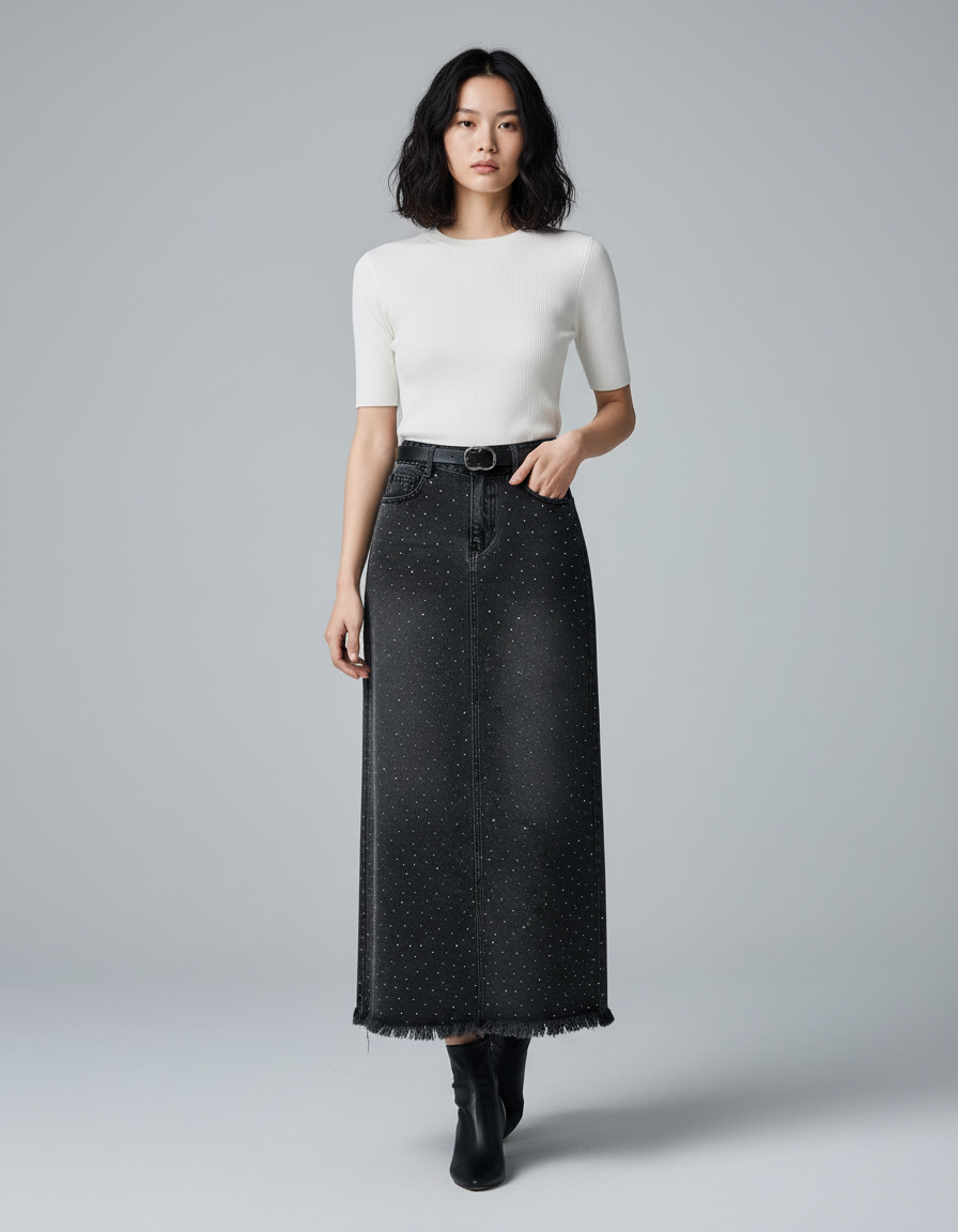 Jupe Jean Noir Délavé Strass Chic