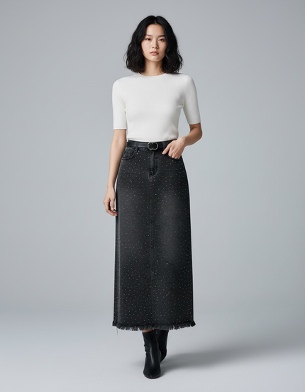 Jupe Jean Noir Délavé Strass Chic