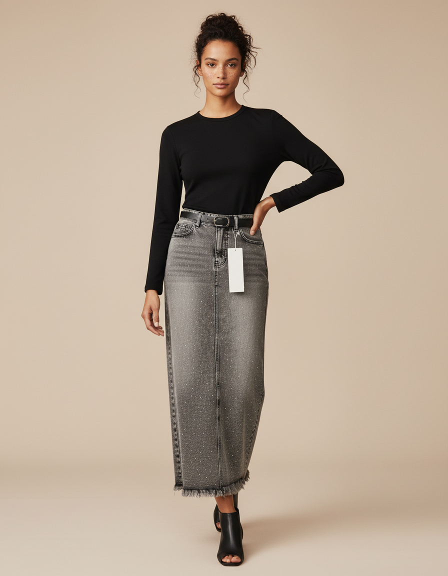 Jupe Jean Strass Longue Chic