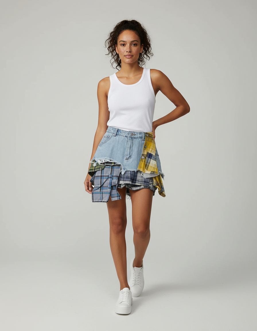 Jupe Jean Patchwork Irrégulière Chic