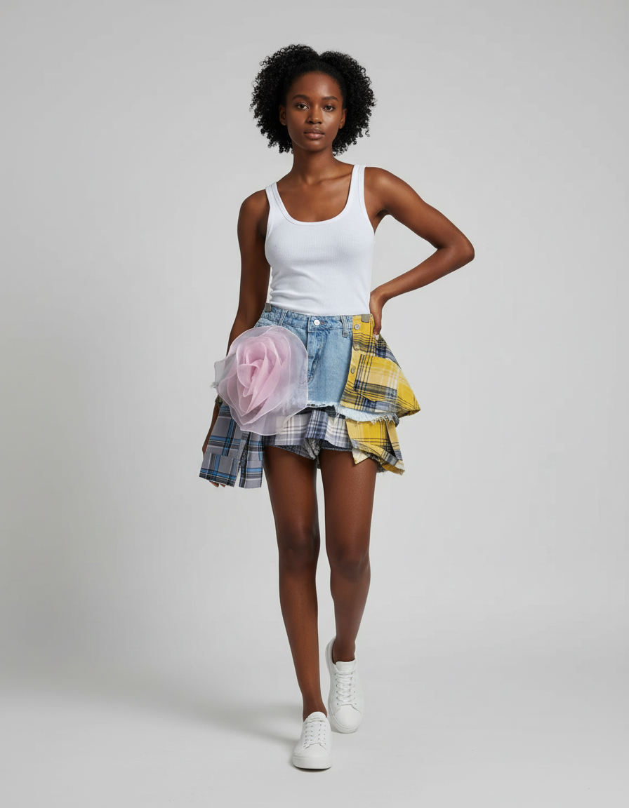 Jupe Jean Patchwork Carreaux Déstructurée Chic